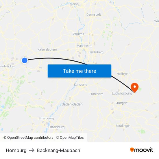 Homburg to Backnang-Maubach map