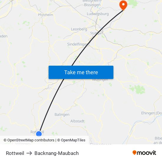 Rottweil to Backnang-Maubach map