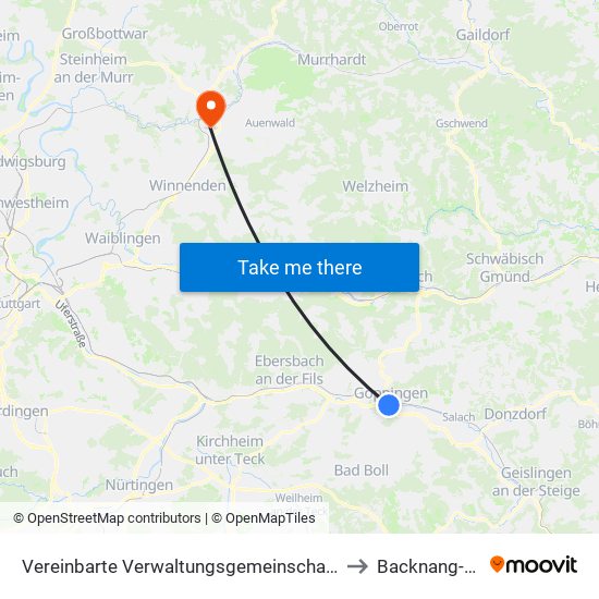 Vereinbarte Verwaltungsgemeinschaft Der Stadt Göppingen to Backnang-Maubach map