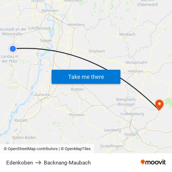 Edenkoben to Backnang-Maubach map