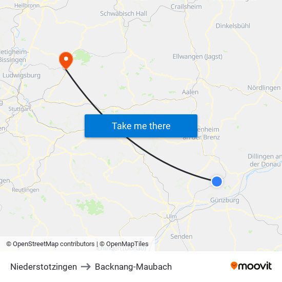 Niederstotzingen to Backnang-Maubach map