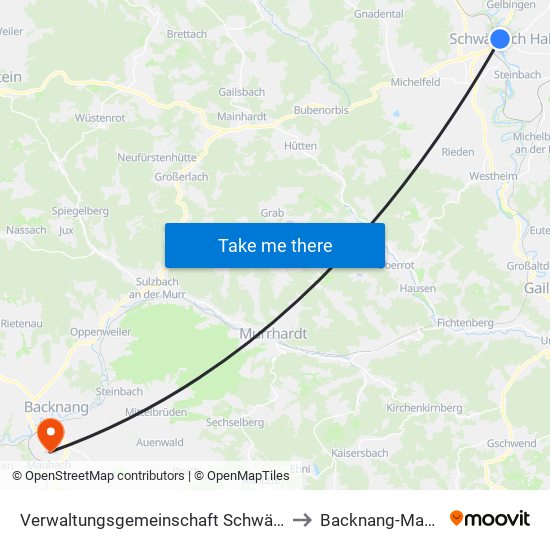 Verwaltungsgemeinschaft Schwäbisch Hall to Backnang-Maubach map