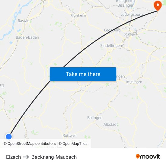 Elzach to Backnang-Maubach map