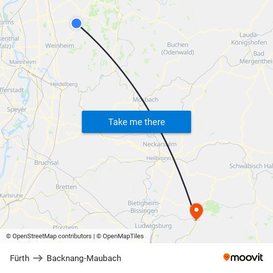 Fürth to Backnang-Maubach map