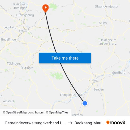 Gemeindeverwaltungsverband Laupheim to Backnang-Maubach map