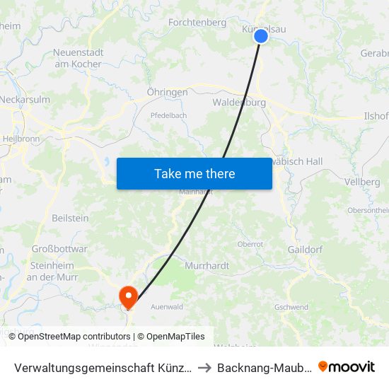 Verwaltungsgemeinschaft Künzelsau to Backnang-Maubach map