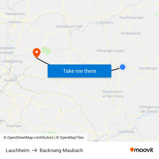 Lauchheim to Backnang-Maubach map
