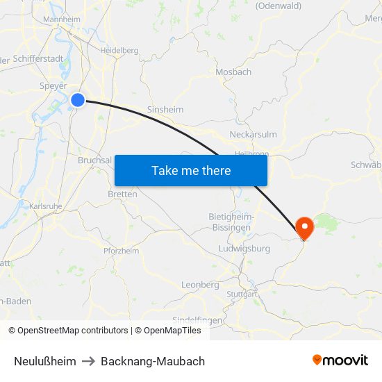 Neulußheim to Backnang-Maubach map