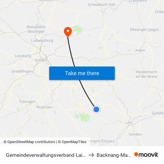 Gemeindeverwaltungsverband Laichinger Alb to Backnang-Maubach map