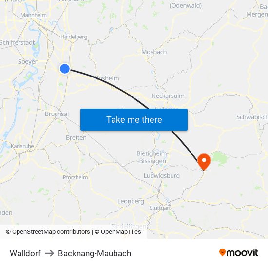 Walldorf to Backnang-Maubach map