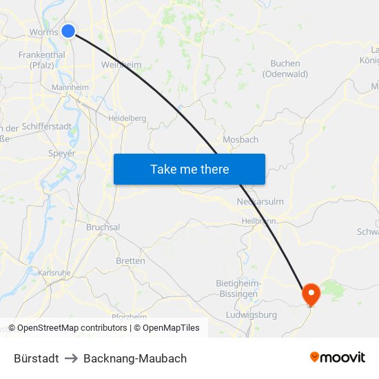 Bürstadt to Backnang-Maubach map