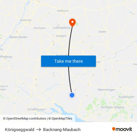 Königseggwald to Backnang-Maubach map
