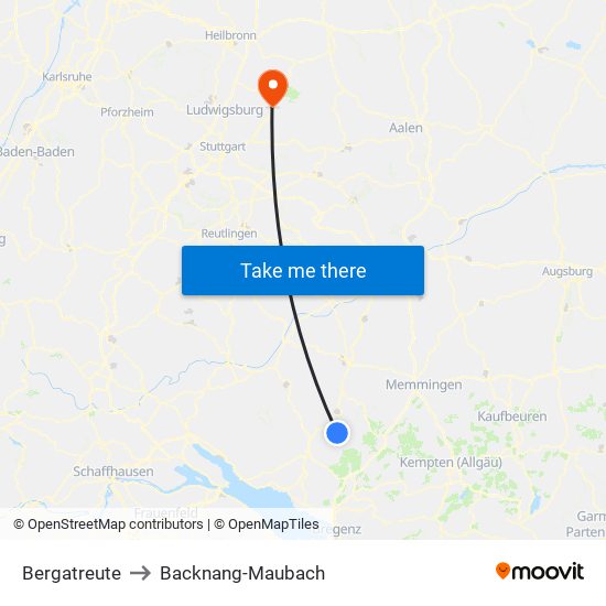 Bergatreute to Backnang-Maubach map