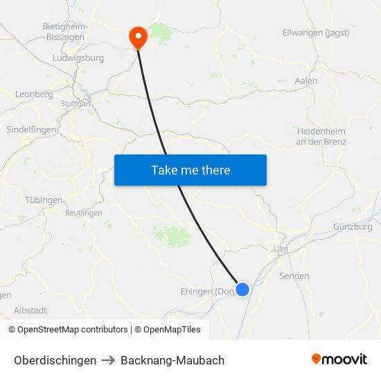 Oberdischingen to Backnang-Maubach map