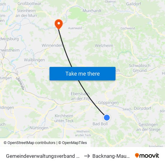 Gemeindeverwaltungsverband Voralb to Backnang-Maubach map