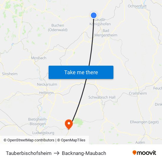 Tauberbischofsheim to Backnang-Maubach map