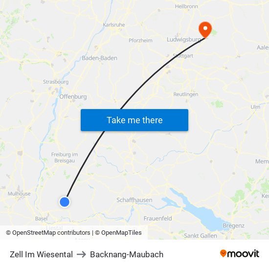 Zell Im Wiesental to Backnang-Maubach map