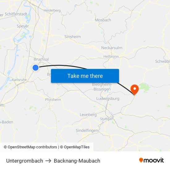 Untergrombach to Backnang-Maubach map