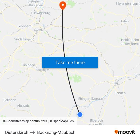 Dieterskirch to Backnang-Maubach map