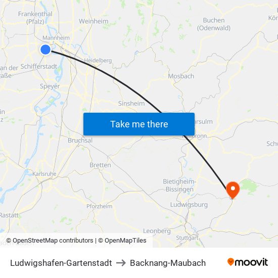 Ludwigshafen-Gartenstadt to Backnang-Maubach map