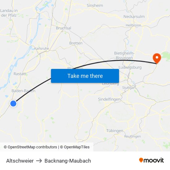 Altschweier to Backnang-Maubach map