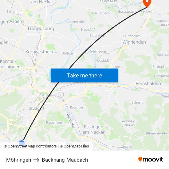 Möhringen to Backnang-Maubach map