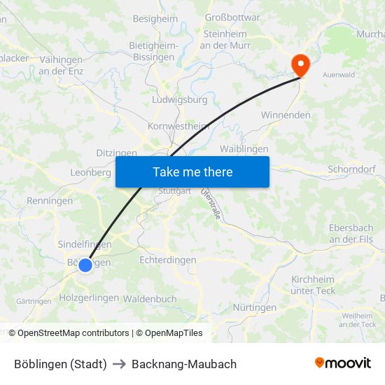 Böblingen (Stadt) to Backnang-Maubach map