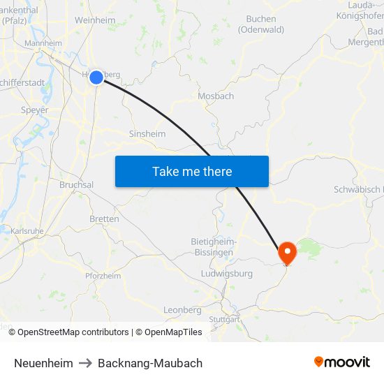 Neuenheim to Backnang-Maubach map