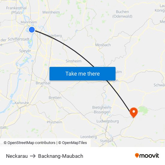 Neckarau to Backnang-Maubach map