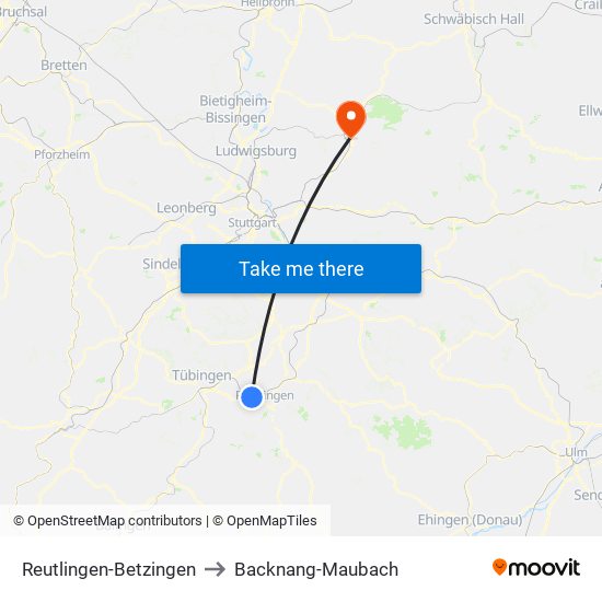 Reutlingen-Betzingen to Backnang-Maubach map