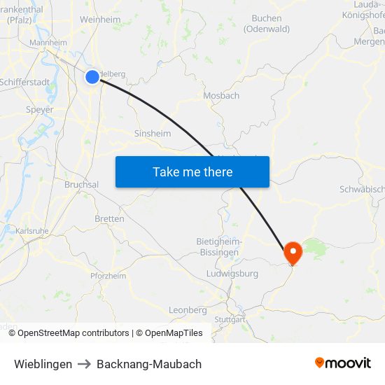 Wieblingen to Backnang-Maubach map