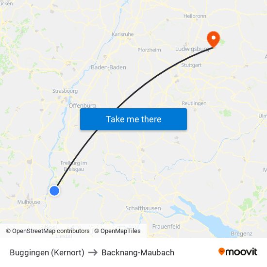 Buggingen (Kernort) to Backnang-Maubach map