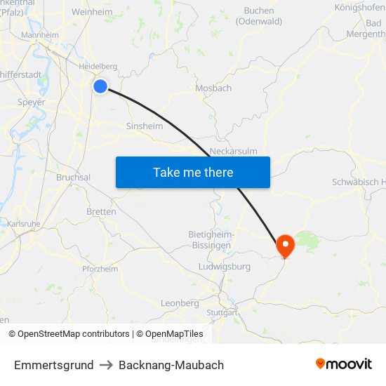 Emmertsgrund to Backnang-Maubach map