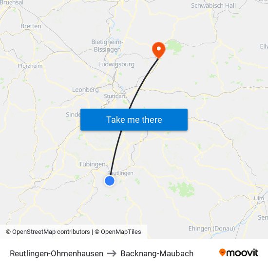 Reutlingen-Ohmenhausen to Backnang-Maubach map