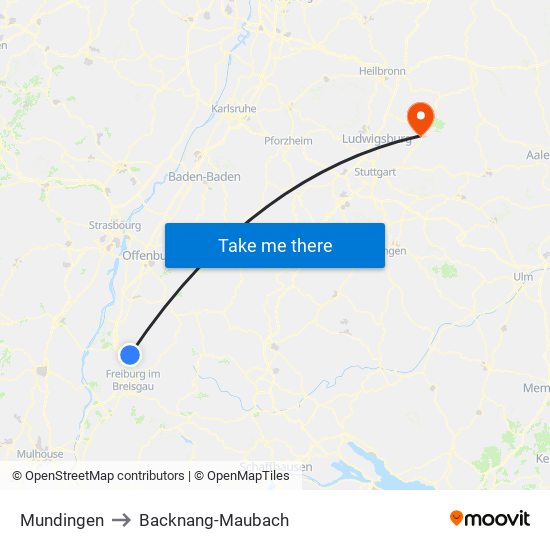 Mundingen to Backnang-Maubach map