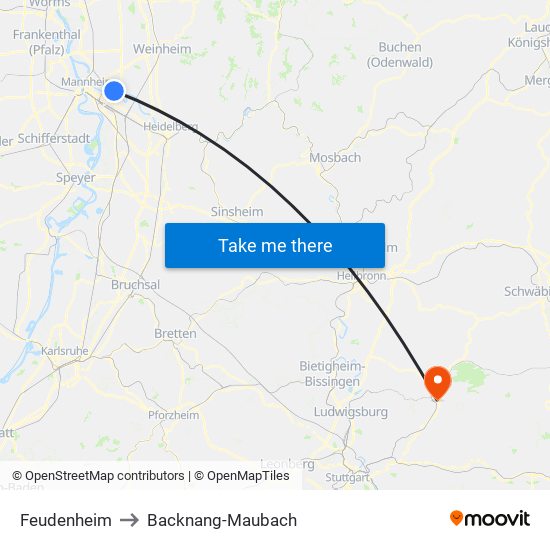 Feudenheim to Backnang-Maubach map