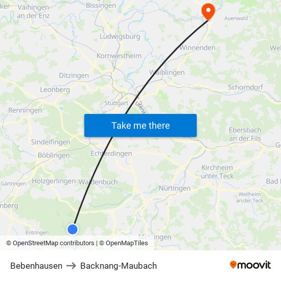 Bebenhausen to Backnang-Maubach map