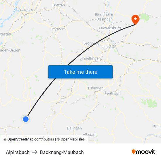 Alpirsbach to Backnang-Maubach map