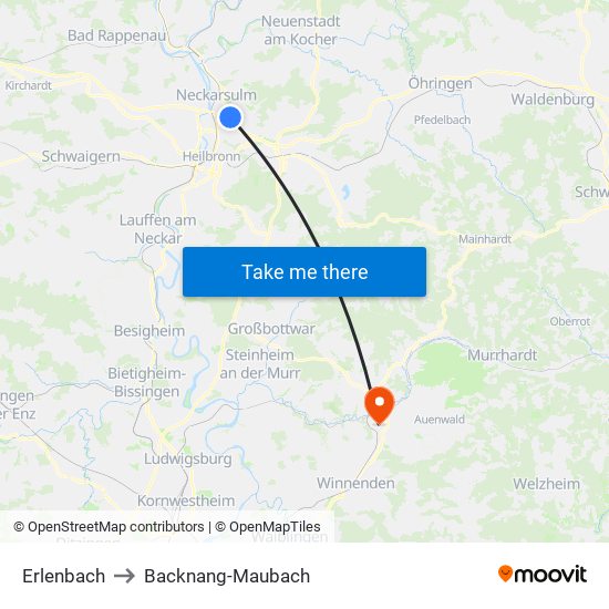 Erlenbach to Backnang-Maubach map