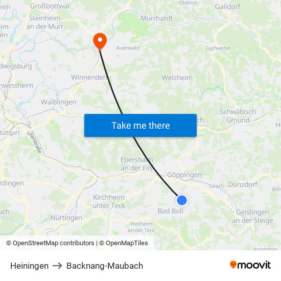 Heiningen to Backnang-Maubach map