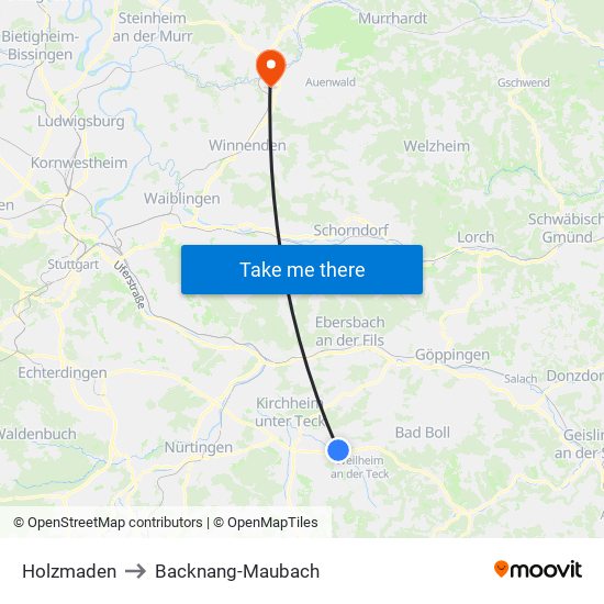 Holzmaden to Backnang-Maubach map