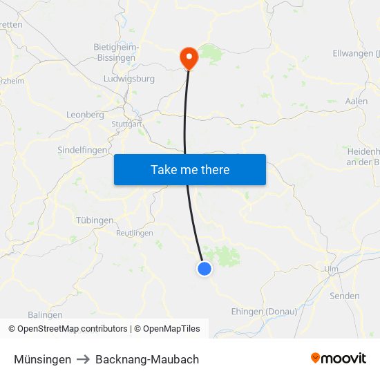 Münsingen to Backnang-Maubach map