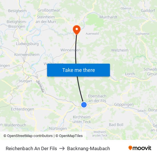 Reichenbach An Der Fils to Backnang-Maubach map