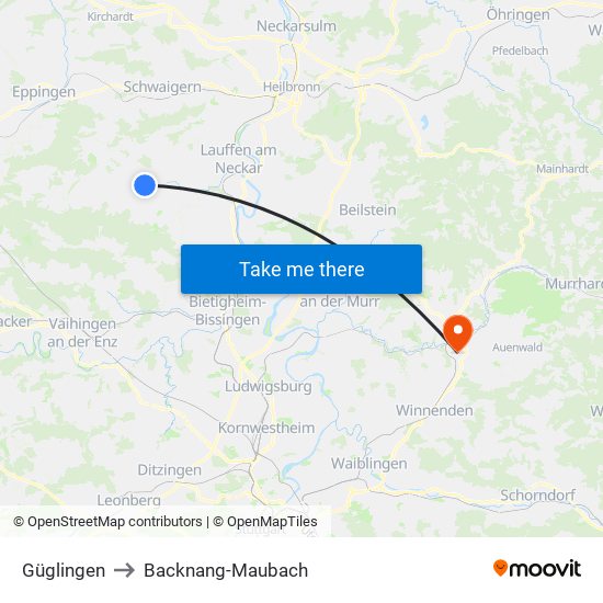 Güglingen to Backnang-Maubach map