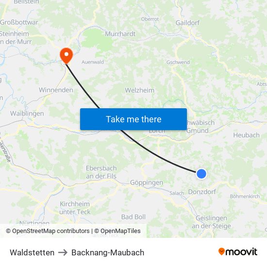 Waldstetten to Backnang-Maubach map