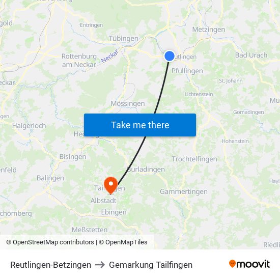 Reutlingen-Betzingen to Gemarkung Tailfingen map