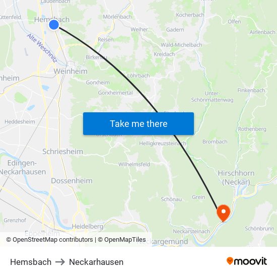 Hemsbach to Neckarhausen map