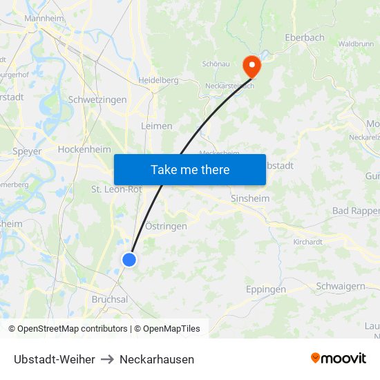 Ubstadt-Weiher to Neckarhausen map