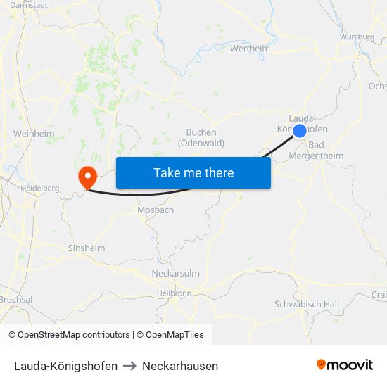 Lauda-Königshofen to Neckarhausen map