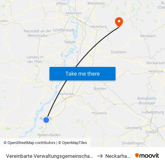 Vereinbarte Verwaltungsgemeinschaft Rastatt to Neckarhausen map